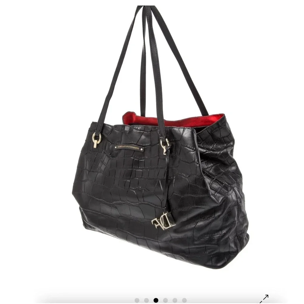Diane von Furstenberg Black Croc Embossed Leather Tote Bag Red Interior DVF Logo